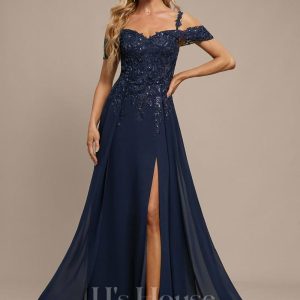 Formal & Evening | A-line Cold Shoulder Off the Shoulder Floor-Length Lace Chiffon Evening Dress With Sequins As Picture – Womens