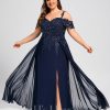 Formal & Evening | A-line Cold Shoulder Off the Shoulder Floor-Length Lace Chiffon Evening Dress With Sequins As Picture – Womens