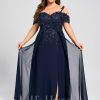 Formal & Evening | A-line Cold Shoulder Off the Shoulder Floor-Length Lace Chiffon Evening Dress With Sequins As Picture – Womens