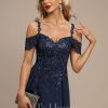 Formal & Evening | A-line Cold Shoulder Off the Shoulder Floor-Length Lace Chiffon Evening Dress With Sequins As Picture – Womens