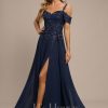 Formal & Evening | A-line Cold Shoulder Off the Shoulder Floor-Length Lace Chiffon Evening Dress With Sequins As Picture – Womens