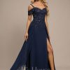 Formal & Evening | A-line Cold Shoulder Off the Shoulder Floor-Length Lace Chiffon Evening Dress With Sequins As Picture – Womens