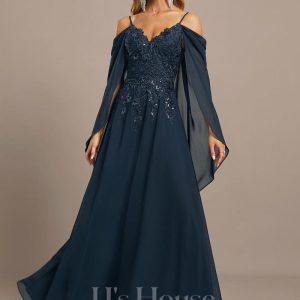 Formal & Evening | A-line Cold Shoulder Off the Shoulder Floor-Length Lace Chiffon Evening Dress With Sequins Dark Navy – Womens