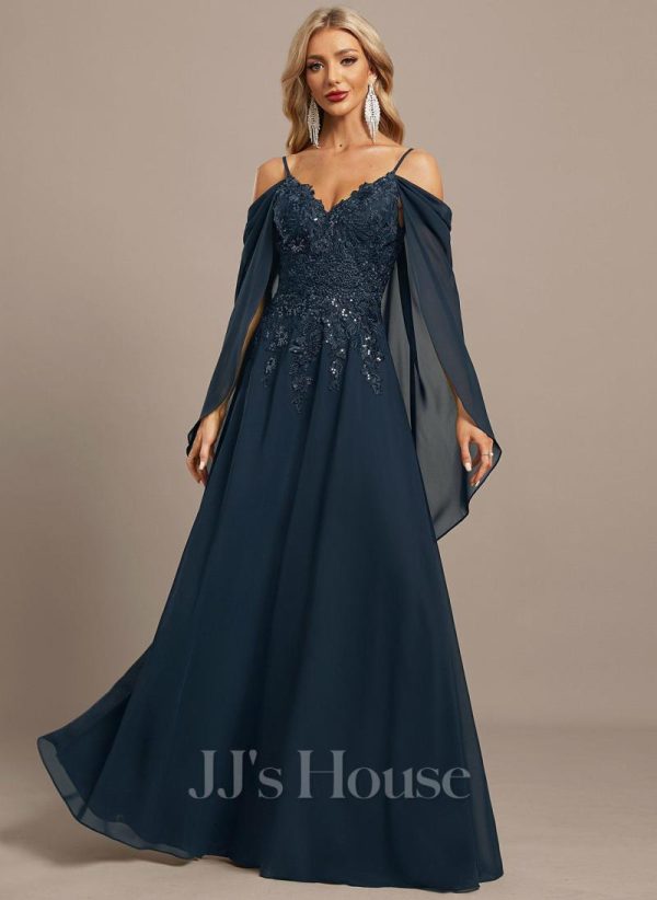 Formal & Evening | A-line Cold Shoulder Off the Shoulder Floor-Length Lace Chiffon Evening Dress With Sequins Dark Navy – Womens