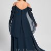 Formal & Evening | A-line Cold Shoulder Off the Shoulder Floor-Length Lace Chiffon Evening Dress With Sequins Dark Navy – Womens