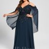 Formal & Evening | A-line Cold Shoulder Off the Shoulder Floor-Length Lace Chiffon Evening Dress With Sequins Dark Navy – Womens