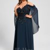 Formal & Evening | A-line Cold Shoulder Off the Shoulder Floor-Length Lace Chiffon Evening Dress With Sequins Dark Navy – Womens