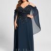 Formal & Evening | A-line Cold Shoulder Off the Shoulder Floor-Length Lace Chiffon Evening Dress With Sequins Dark Navy – Womens