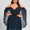 Formal & Evening | A-line Cold Shoulder Off the Shoulder Floor-Length Lace Chiffon Evening Dress With Sequins Dark Navy – Womens