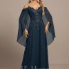 Formal & Evening | A-line Cold Shoulder Off the Shoulder Floor-Length Lace Chiffon Evening Dress With Sequins Dark Navy – Womens