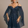 Formal & Evening | A-line Cold Shoulder Off the Shoulder Floor-Length Lace Chiffon Evening Dress With Sequins Dark Navy – Womens