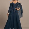 Formal & Evening | A-line Cold Shoulder Off the Shoulder Floor-Length Lace Chiffon Evening Dress With Sequins Dark Navy – Womens