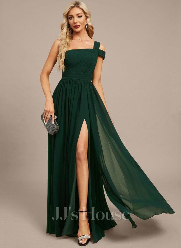 Formal & Evening | A-line Cold Shoulder One Shoulder Floor-Length Chiffon Evening Dress With Pleated As Picture – Womens