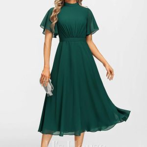 Formal & Evening | A-line High Neck Tea-Length Chiffon Evening Dress With Bow Pleated Dark Green – Womens