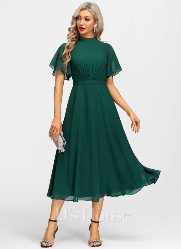 Formal & Evening | A-line High Neck Tea-Length Chiffon Evening Dress With Bow Pleated Dark Green – Womens