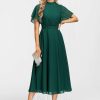 Formal & Evening | A-line High Neck Tea-Length Chiffon Evening Dress With Bow Pleated Dark Green – Womens