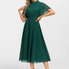 Formal & Evening | A-line High Neck Tea-Length Chiffon Evening Dress With Bow Pleated Dark Green – Womens