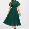 Formal & Evening | A-line High Neck Tea-Length Chiffon Evening Dress With Bow Pleated Dark Green – Womens