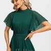 Formal & Evening | A-line High Neck Tea-Length Chiffon Evening Dress With Bow Pleated Dark Green – Womens