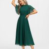 Formal & Evening | A-line High Neck Tea-Length Chiffon Evening Dress With Bow Pleated Dark Green – Womens