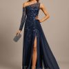 Formal & Evening | A-line Illusion Asymmetrical Floor-Length Lace Sequin Chiffon Evening Dress As Picture – Womens