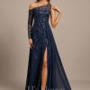 Formal & Evening | A-line Illusion Asymmetrical Floor-Length Lace Sequin Chiffon Evening Dress As Picture – Womens