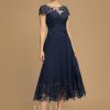 Formal & Evening | A-line Illusion Scoop Tea-Length Lace Chiffon Evening Dress With Sequins As Picture – Womens