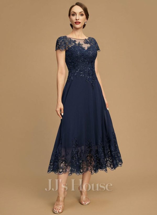 Formal & Evening | A-line Illusion Scoop Tea-Length Lace Chiffon Evening Dress With Sequins As Picture – Womens