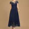 Formal & Evening | A-line Illusion Scoop Tea-Length Lace Chiffon Evening Dress With Sequins As Picture – Womens