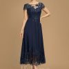 Formal & Evening | A-line Illusion Scoop Tea-Length Lace Chiffon Evening Dress With Sequins As Picture – Womens