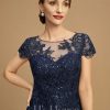 Formal & Evening | A-line Illusion Scoop Tea-Length Lace Chiffon Evening Dress With Sequins As Picture – Womens