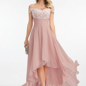 Formal & Evening | A-line Off the Shoulder Asymmetrical Lace Chiffon Evening Dress With Pleated Dusty Rose – Womens