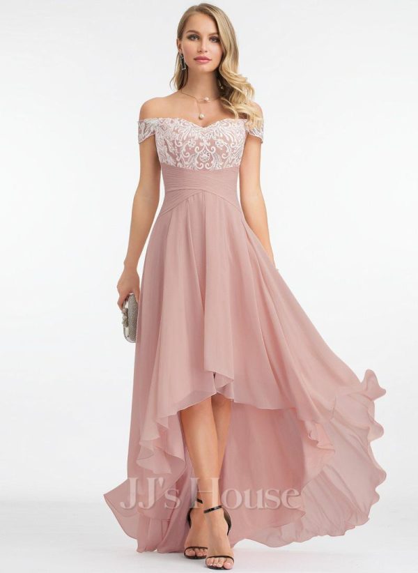 Formal & Evening | A-line Off the Shoulder Asymmetrical Lace Chiffon Evening Dress With Pleated Dusty Rose – Womens