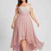 Formal & Evening | A-line Off the Shoulder Asymmetrical Lace Chiffon Evening Dress With Pleated Dusty Rose – Womens