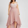 Formal & Evening | A-line Off the Shoulder Asymmetrical Lace Chiffon Evening Dress With Pleated Dusty Rose – Womens