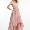 Formal & Evening | A-line Off the Shoulder Asymmetrical Lace Chiffon Evening Dress With Pleated Dusty Rose – Womens