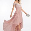 Formal & Evening | A-line Off the Shoulder Asymmetrical Lace Chiffon Evening Dress With Pleated Dusty Rose – Womens