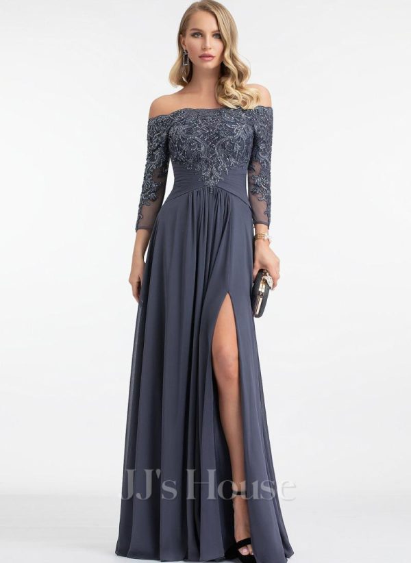 Formal & Evening | A-line Off the Shoulder Floor-Length Chiffon Lace Evening Dress With Sequins Beading Pleated Stormy – Womens