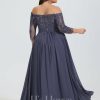 Formal & Evening | A-line Off the Shoulder Floor-Length Chiffon Lace Evening Dress With Sequins Beading Pleated Stormy – Womens