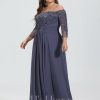 Formal & Evening | A-line Off the Shoulder Floor-Length Chiffon Lace Evening Dress With Sequins Beading Pleated Stormy – Womens