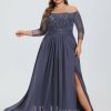 Formal & Evening | A-line Off the Shoulder Floor-Length Chiffon Lace Evening Dress With Sequins Beading Pleated Stormy – Womens