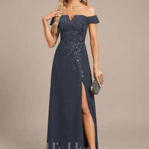 Formal & Evening | A-line Off the Shoulder Floor-Length Lace Chiffon Evening Dress With Sequins As Picture – Womens