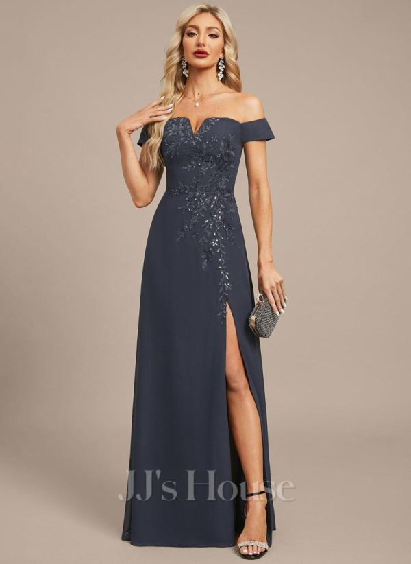 Formal & Evening | A-line Off the Shoulder Floor-Length Lace Chiffon Evening Dress With Sequins As Picture – Womens