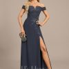 Formal & Evening | A-line Off the Shoulder Floor-Length Lace Chiffon Evening Dress With Sequins As Picture – Womens