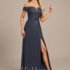 Formal & Evening | A-line Off the Shoulder Floor-Length Lace Chiffon Evening Dress With Sequins As Picture – Womens