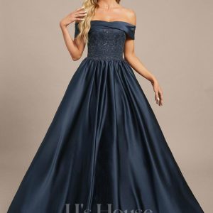 Formal & Evening | A-line Off the Shoulder Floor-Length Satin Lace Evening Dress With Pleated Sequins Dark Navy – Womens