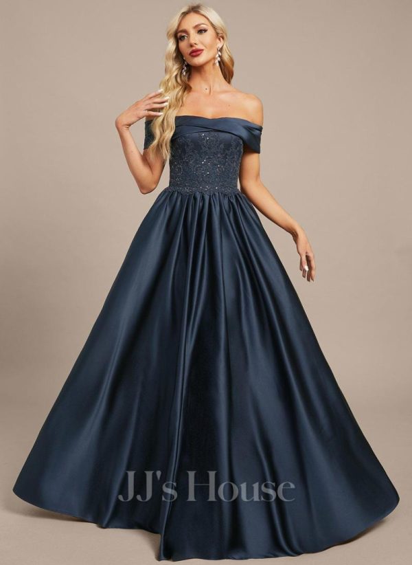 Formal & Evening | A-line Off the Shoulder Floor-Length Satin Lace Evening Dress With Pleated Sequins Dark Navy – Womens