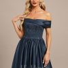 Formal & Evening | A-line Off the Shoulder Floor-Length Satin Lace Evening Dress With Pleated Sequins Dark Navy – Womens