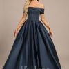 Formal & Evening | A-line Off the Shoulder Floor-Length Satin Lace Evening Dress With Pleated Sequins Dark Navy – Womens