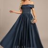 Formal & Evening | A-line Off the Shoulder Floor-Length Satin Lace Evening Dress With Pleated Sequins Dark Navy – Womens